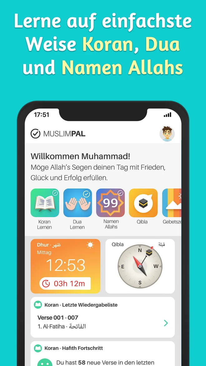 Startbildschirm - lerne auf einfachste Weise Qur'an, Duas und die Namen Allahs