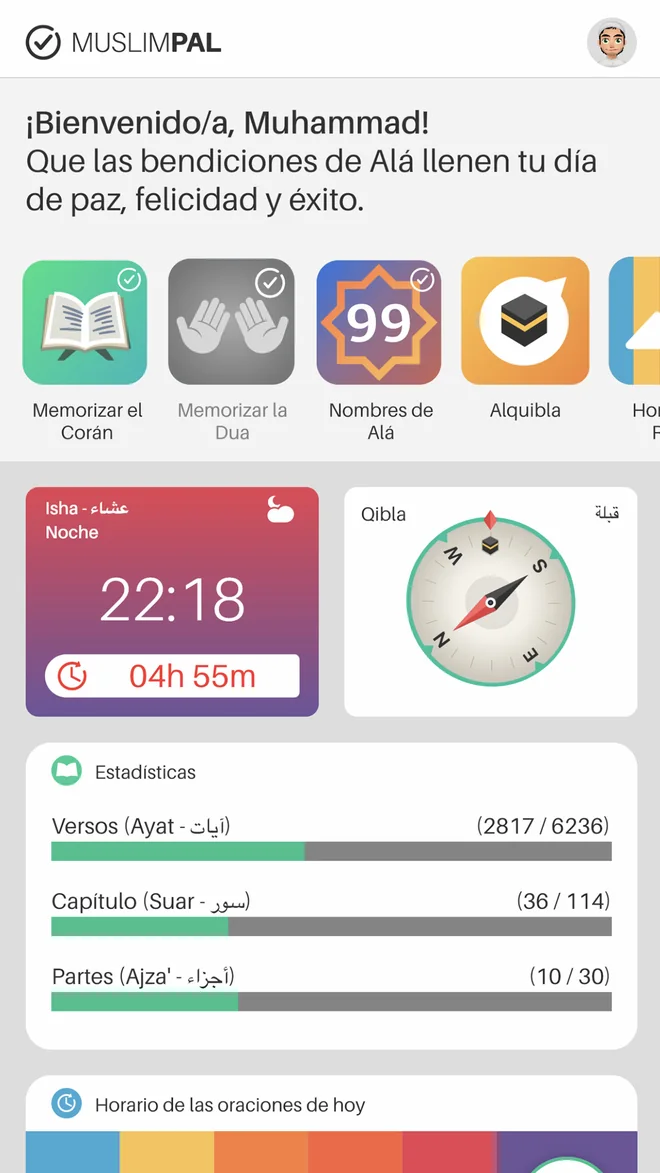 Pantalla de inicio con widgets del Corán, Duas, Nombres de Allah, Qibla y horarios de oración