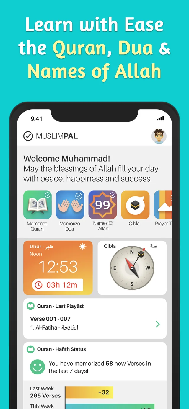 Home screen with widgets for Quran, Dua, Names of Allah, Qibla and prayer times