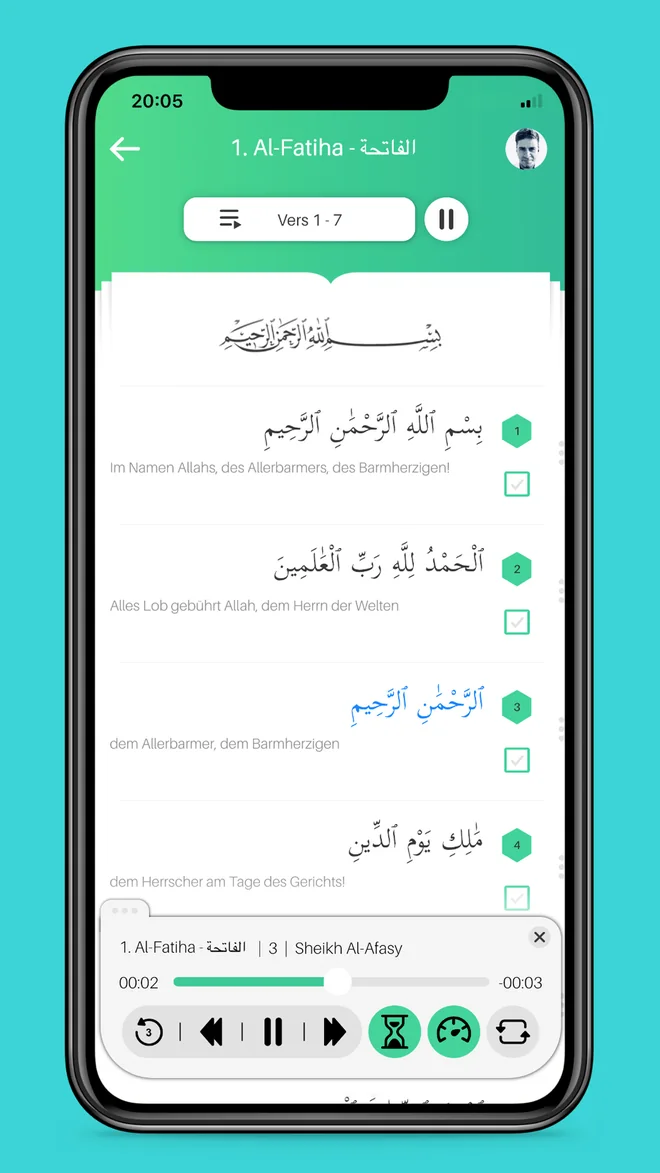 Al-Fatiha lesen mit Übersetzung und Audio-Player